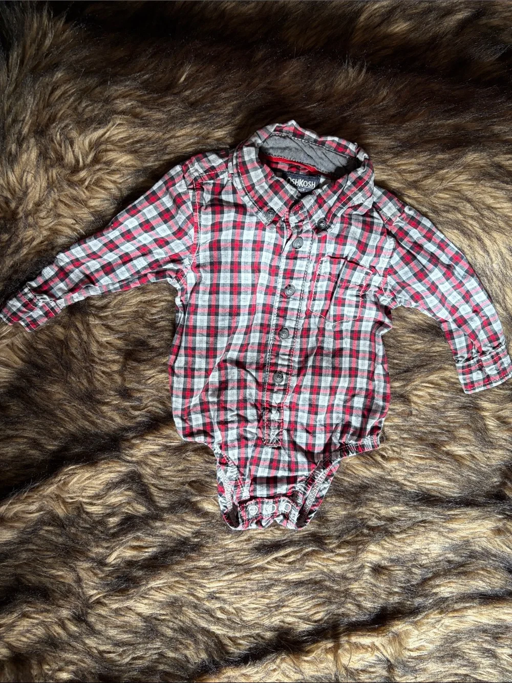 OshKosh B'gosh Red and Gray Plaid Long-Sleeve Baby One-Piece Size 9 Months